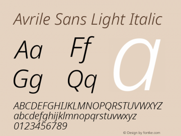 Avrile Sans Light Italic Version 2.001; ttfautohint (v1.8.2) Font Sample