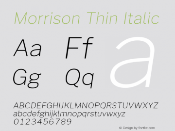 Morrison Thin Italic Version 1.100;PS 001.100;hotconv 1.0.88;makeotf.lib2.5.64775; ttfautohint (v1.6)图片样张