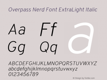 Overpass ExtraLight Italic Nerd Font Complete Version 3.000;DELV;Overpass图片样张