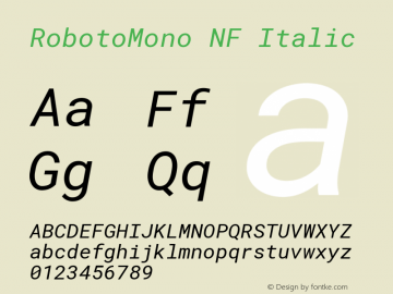 Roboto Mono Italic Nerd Font Complete Windows Compatible Version 2.000986; 2015; ttfautohint (v1.3)图片样张