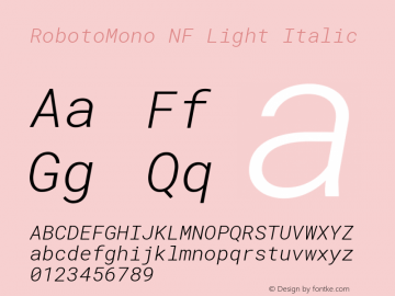 Roboto Mono Light Italic Nerd Font Complete Windows Compatible Version 2.000986; 2015; ttfautohint (v1.3)图片样张