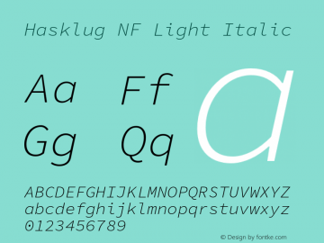 Hasklug Light Italic Nerd Font Complete Windows Compatible Version 1.050;PS 1.0;hotconv 16.6.51;makeotf.lib2.5.65220 Font Sample