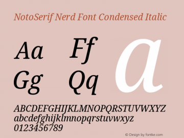 Noto Serif Condensed Italic Nerd Font Complete Version 2.000;GOOG;noto-source:20170915:90ef993387c0; ttfautohint (v1.7)图片样张
