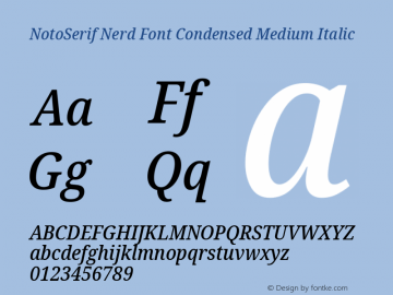 Noto Serif Condensed Medium Italic Nerd Font Complete Version 2.000;GOOG;noto-source:20170915:90ef993387c0; ttfautohint (v1.7)图片样张