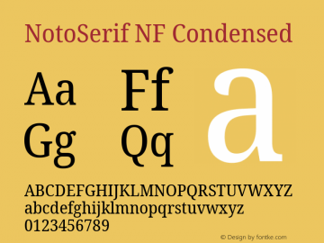 Noto Serif Condensed Nerd Font Complete Windows Compatible Version 2.000;GOOG;noto-source:20170915:90ef993387c0; ttfautohint (v1.7) Font Sample