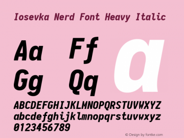 Iosevka Heavy Italic Nerd Font Complete 1.14.0; ttfautohint (v1.7.9-c794) Font Sample