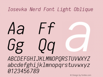 Iosevka Light Oblique Nerd Font Complete 1.14.0; ttfautohint (v1.7.9-c794) Font Sample