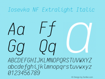Iosevka Extralight Italic Nerd Font Complete Mono Windows Compatible 1.14.0; ttfautohint (v1.7.9-c794) Font Sample