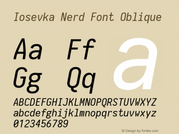 Iosevka Oblique Nerd Font Complete 1.14.0; ttfautohint (v1.7.9-c794) Font Sample