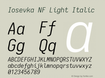 Iosevka Term Light Italic Nerd Font Complete Windows Compatible 1.14.0; ttfautohint (v1.7.9-c794)图片样张