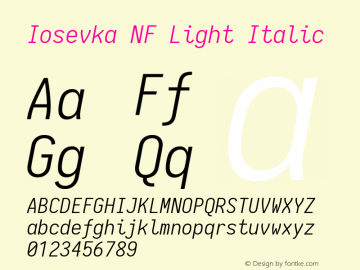 Iosevka Light Italic Nerd Font Complete Mono Windows Compatible 1.14.0; ttfautohint (v1.7.9-c794)图片样张