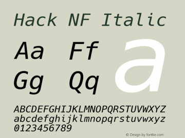 Hack Italic Nerd Font Complete Windows Compatible Version 3.003;[3114f1256]-release; ttfautohint (v1.7) -l 6 -r 50 -G 200 -x 10 -H 145 -D latn -f latn -m 