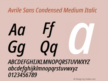 Avrile Sans Condensed Medium Italic Version 2.001; ttfautohint (v1.8.2)图片样张