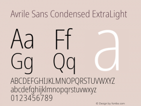 Avrile Sans Condensed ExtraLight Version 2.001; ttfautohint (v1.8.2) Font Sample