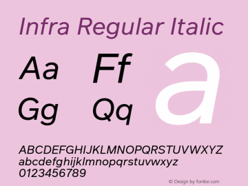 Infra Regular Italic Version 1.00, build 10, g2.6.1 b1204, s3 Font Sample