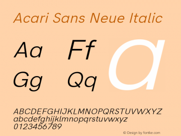 Acari Sans Neue Italic Version 1.045;PS 001.045;hotconv 1.0.88;makeotf.lib2.5.64775; ttfautohint (v1.8.2)图片样张