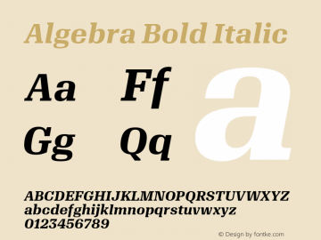 Algebra-BoldItalic Version 1.2; 2016 Font Sample