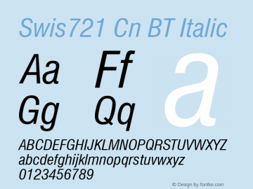 Swiss 721 Condensed Italic BT mfgpctt-v4.4 Dec 22 1998 Font Sample