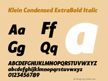 KleinCondensed-ExtraBoldItalic Version 1.102;hotconv 1.0.109;makeotfexe 2.5.65596 Font Sample