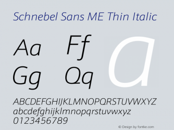 Schnebel Sans ME Thin Italic Version 1.00 Font Sample