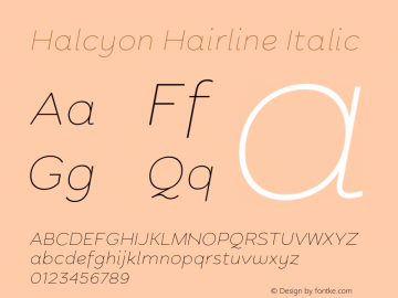 Halcyon Hairline Italic Version 2.001;PS 002.001;hotconv 1.0.88;makeotf.lib2.5.64775图片样张
