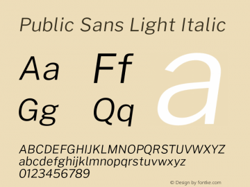 Public Sans Light Italic Version 1.000;PS 001.000;hotconv 1.0.88;makeotf.lib2.5.64775 Font Sample