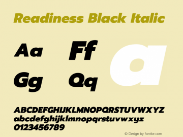Readiness Black Italic Version 1.00;April 23, 2019;FontCreator 11.5.0.2425 64-bit; ttfautohint (v1.8.3) Font Sample