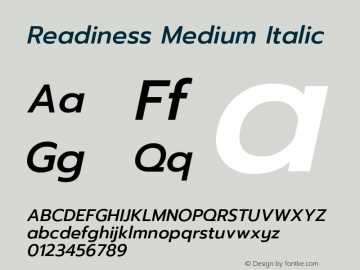 Readiness Medium Italic Version 1.00;April 23, 2019;FontCreator 11.5.0.2425 64-bit; ttfautohint (v1.8.3) Font Sample