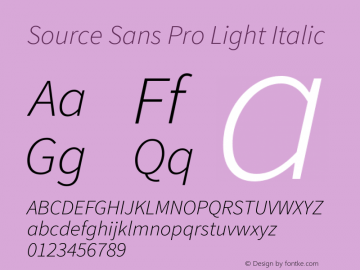 Source Sans Pro Light Italic Version 1.095;hotconv 1.0.109;makeotfexe 2.5.65596 Font Sample