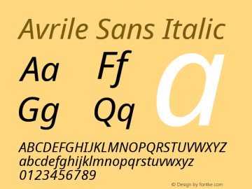 Avrile Sans Italic Version 2.001;May 11, 2019;FontCreator 11.5.0.2425 64-bit Font Sample