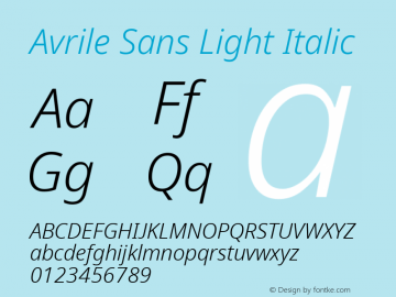 Avrile Sans Light Italic Version 2.001;May 11, 2019;FontCreator 11.5.0.2425 64-bit Font Sample