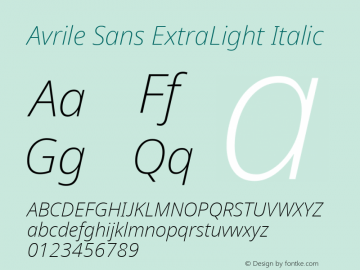 Avrile Sans ExtraLight Italic Version 2.001;May 11, 2019;FontCreator 11.5.0.2425 64-bit图片样张