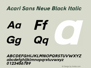 Acari Sans Neue Black Italic Version 1.045;June 16, 2019;FontCreator 11.5.0.2425 64-bit; ttfautohint (v1.8.3) Font Sample