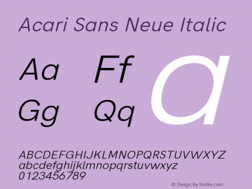 Acari Sans Neue Italic Version 1.045;June 16, 2019;FontCreator 11.5.0.2425 64-bit; ttfautohint (v1.8.3)图片样张