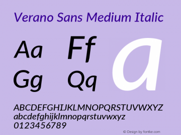 Verano Sans Medium Italic Version 3.001;June 28, 2019;FontCreator 11.5.0.2425 64-bit; ttfautohint (v1.8.3) Font Sample