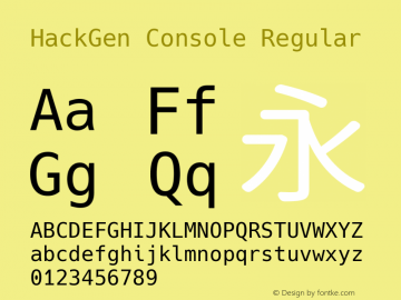 HackGen Console Regular Version 1.1.0 ; ttfautohint (v1.8.3) -l 6 -r 45 -G 200 -x 14 -D latn -f none -m 
