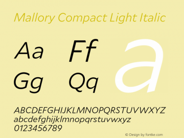 Mallory Cmpct Light Italic Version 2.000;PS 2.000;hotconv 16.6.51;makeotf.lib2.5.65220图片样张