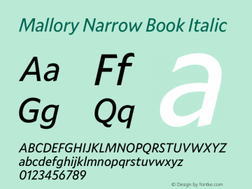 Mallory Nrrw Book Italic Version 2.000;PS 2.000;hotconv 16.6.51;makeotf.lib2.5.65220图片样张