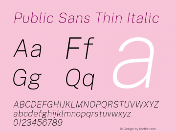 Public Sans Thin Italic Version 1.006;hotconv 1.0.109;makeotfexe 2.5.65596 Font Sample