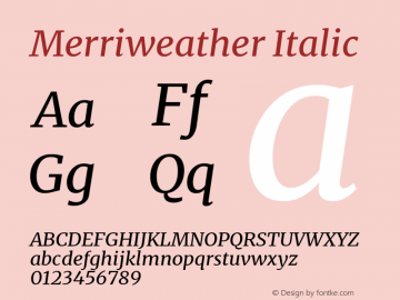 Merriweather Italic Version 2.006; ttfautohint (v1.8.2) -l 8 -r 50 -G 200 -x 14 -D latn -f none -a qsq -X 