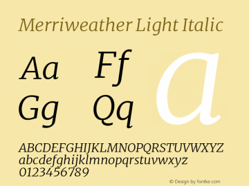 Merriweather Light Italic Version 2.006; ttfautohint (v1.8.2) -l 8 -r 50 -G 200 -x 14 -D latn -f none -a qsq -X 