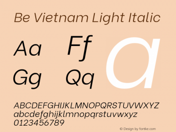 Be Vietnam Light Italic Version 3.000 Font Sample