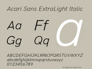 Acari Sans ExtraLight Italic Version 1.045;October 10, 2019;FontCreator 12.0.0.2547 64-bit; ttfautohint (v1.6) Font Sample
