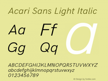 Acari Sans Light Italic Version 1.045;January 11, 2019;FontCreator 11.5.0.2425 64-bit; ttfautohint (v1.6) Font Sample