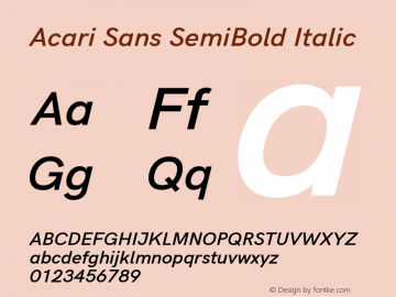 Acari Sans SemiBold Italic Version 1.045;October 10, 2019;FontCreator 12.0.0.2547 64-bit; ttfautohint (v1.6) Font Sample