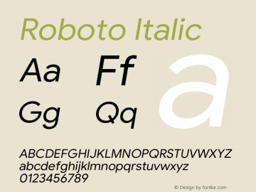 Roboto Italic Version 1.008 | CWR FONToMASS Premium compilation Font Sample