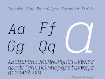 Iosevka Slab Extralight Extended Italic 2.3.1 Font Sample