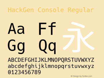 HackGen Console Regular Version 1.3.0 ; ttfautohint (v1.8.1) -l 6 -r 45 -G 200 -x 14 -D latn -f none -m 