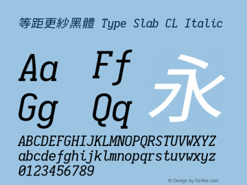 等距更紗黑體 Type Slab CL Italic  Font Sample