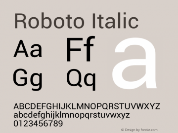 Roboto Italic Version 1.00000; 2011; Build 20120329 Font Sample